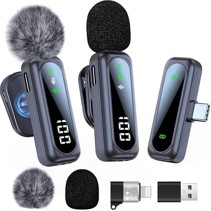 2 Pack Wireless Lavalier Microphone with Clip Wireless Microphone with Noise Cancellation Plug and Play Wireless Mic for Android Live Broadcast