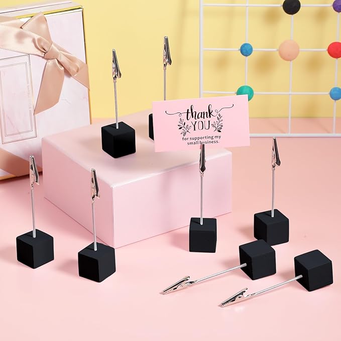 Gersoniel 20 Pcs Cube Base Memo Clip Holder with Alligator Clip Wood Table Number Holder Cube Base Place Card Stand Mini Photo Menu Stand for Displaying Number Card (Black)