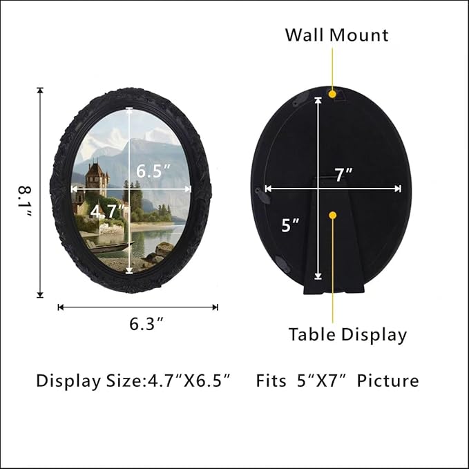 Vintage 5x7 Oval Picture Frame,Classic Ornamental Photo Frame Antique Frame with Intricate Carvings,Tabletop Display and Wall Mount,Real Glass Front,Old-Fashion (Black, 5x7)