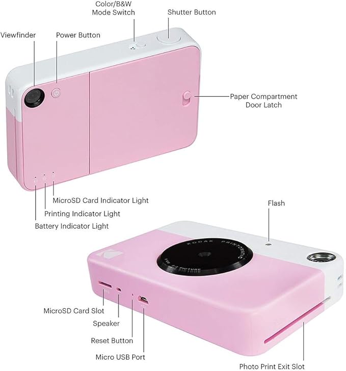 KODAK Printomatic Full-Color Instant Print Digital Camera Colorful Photos On Zink 2x3" Sticky-Back Photo Paper 5MP Gift Bundle: Case + Zink 2x3" 20pk + Album + Stickers + Frames + Markers - Pink