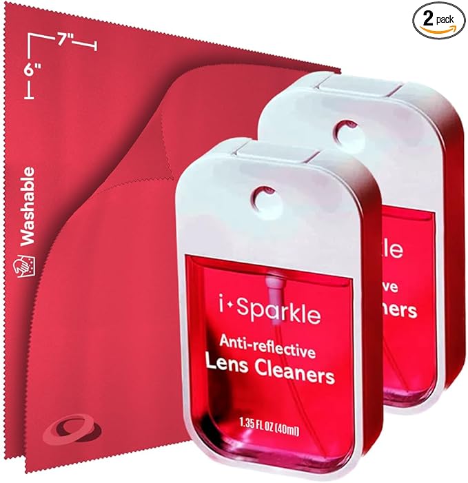 I-Sparkle Anti-Reflective Lens Cleaner Spray kit | (2x) 1.35oz Glasses Cleaner Spray + (2x) Microfiber Cloth for Eyeglasses, Sunglasses, Lenses, Screens and Camera Cleaning Kit (4 Piece Set)