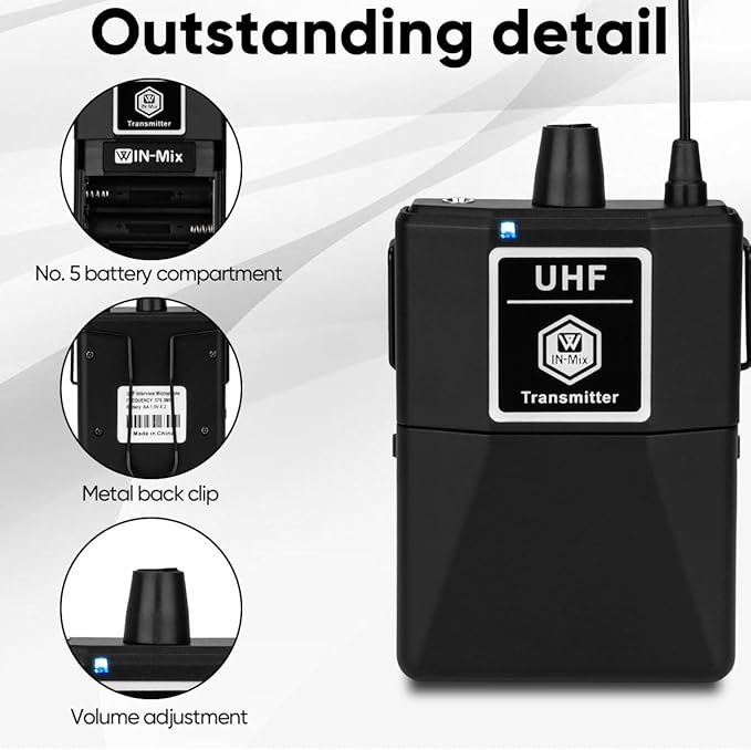 W IN-MIX UHF Wireless Microphone System -Dual Bodypack 260ft Fixed Frequency for Church, Wedding, Conference