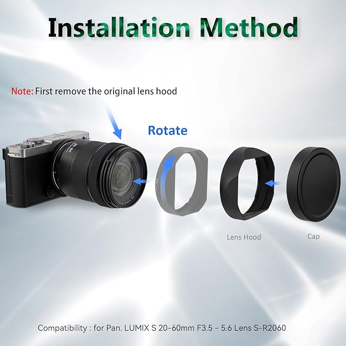 Haoge Square Metal Lens Hood for Panasonic LUMIX S 20-60mm F3.5-5.6 Lens with Metal Cap Kit S-R2060 Bayonet Shades Accessories