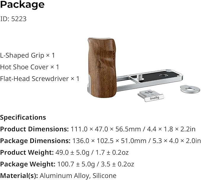 SMALLRIG X Half Wooden L-Shaped Mount Plate for FUJIFILM, L Plate with Ergonomic Wood Side Handle, Includes Hot Shoe Cover (Silver) - 5223