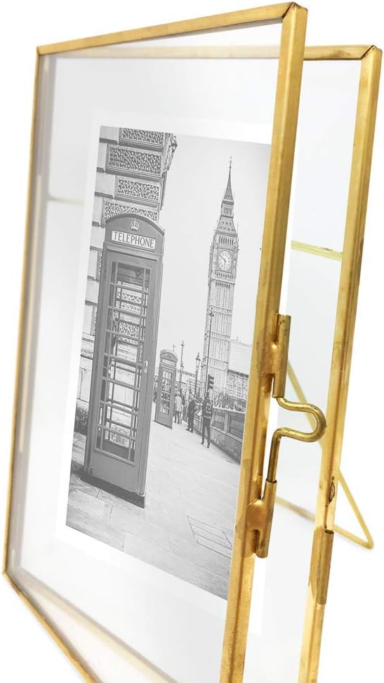 Isaac Jacobs 4x6, Antique Gold, Vintage Style Brass and Glass, Metal Floating Picture Frame (Vertical) with Locket Closure, for Photos, Art, & More, Tabletop Display (4x6 Antique Gold)