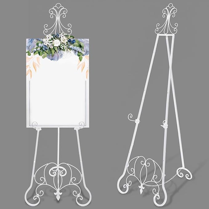 White Easel Stand for Wedding Sign, 57'' Adjustable Vintage Scroll Floor Display Stand with Chain Support for Welcome Poster, Photo, Art, Decorative Event Display