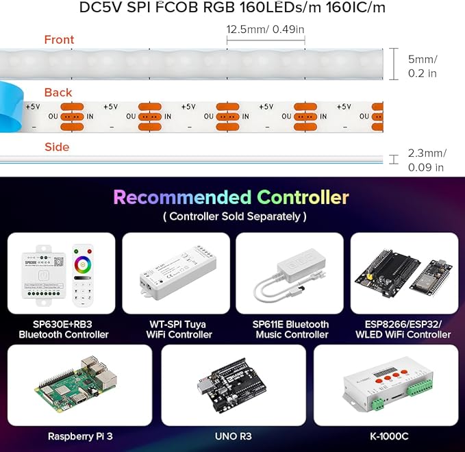 BTF-LIGHTING FCOB COB XGB1338(WS2812B) IC RGB 160LED/m 480IC LED Strip DC5V 9.8FT Individual Addressable Flexible High Density Uniform Light Dream Chasing Color 0.19in Width(NO Adapter or Controller)