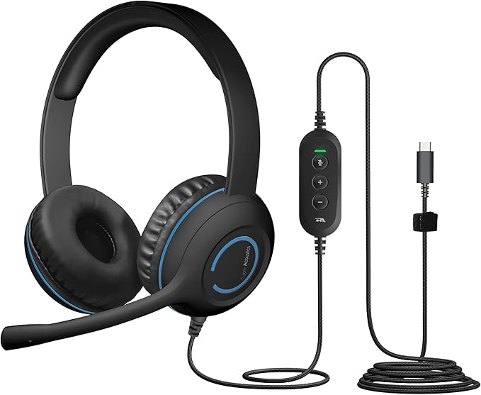 Cyber Acoustics USB-C Stereo Headset (AC-5014-5) – Durable, Crisp, and Clear Communication in Classrooms and at Home; in-Line Controls for Volume and Mic Mute - 5 Pack