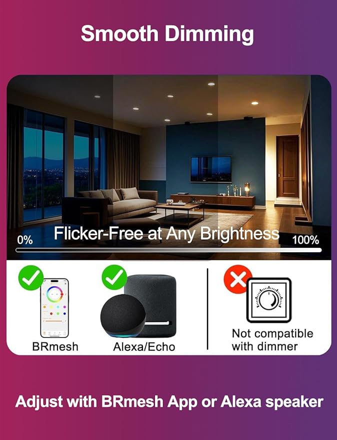 ILC 6 inch led recessed Light, Work with Alexa (Hub Required), App Controlled, RGB Color Changing, 16 Million Colors, CCT: 2700K-6000K, 14W, 120W Equivatlent, 1400LM, CRI 90, Bluetooth Mesh, 6 Packs