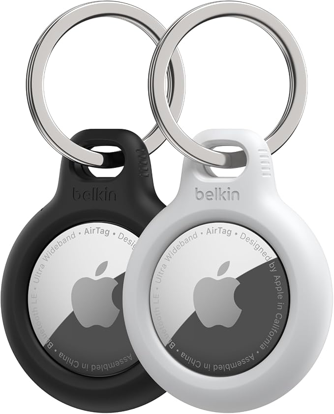 Belkin AirTag Secure Holder Case - Durable Scratch Resistant with Key Ring - Protective AirTag Accessory For Keys, Pets, Luggage - 2-Pack Black & White