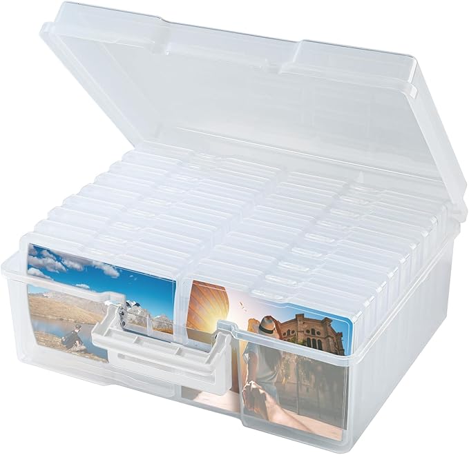 FAAYUCK Photo Storage Box 5 x 7 Inches, 18 Inner Extra Large Photo Boxes with Dividers, Clear Acid-Free Photo Storage Containers with Handle, Photo Organizer Craft Keeper for Photo, Craft, Stamp etc