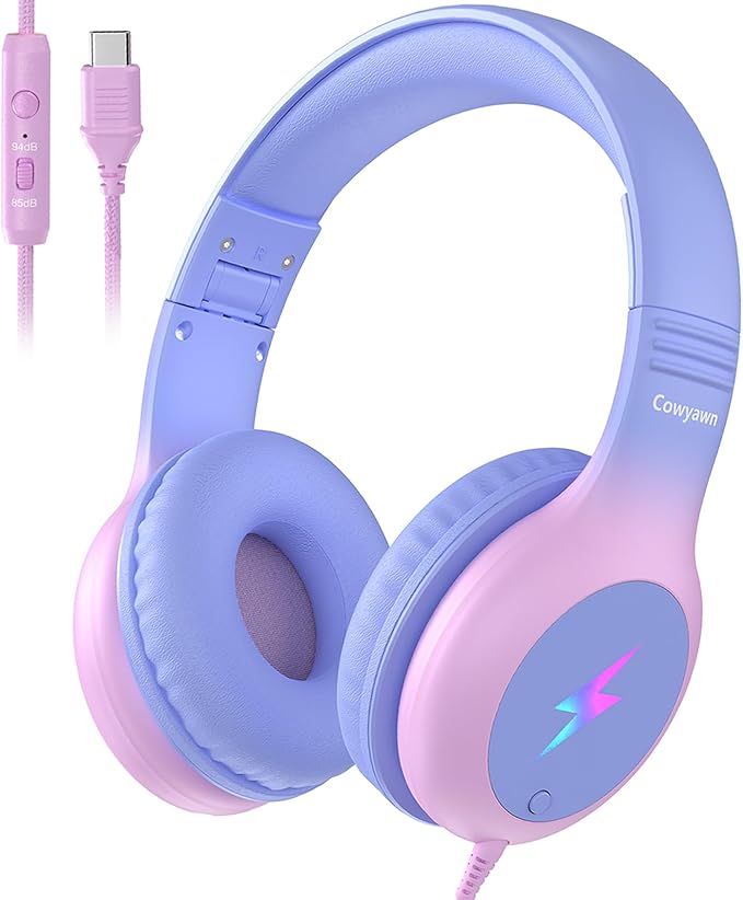 USB C Headphones Wired, Kid Headphones with LED Light, Over Ear USB-C Wired Headphone with Microphone, 85/94dB Volume Limit, USB Type C Headphone for Boys/Girls/School/Travel, Purple Gradient