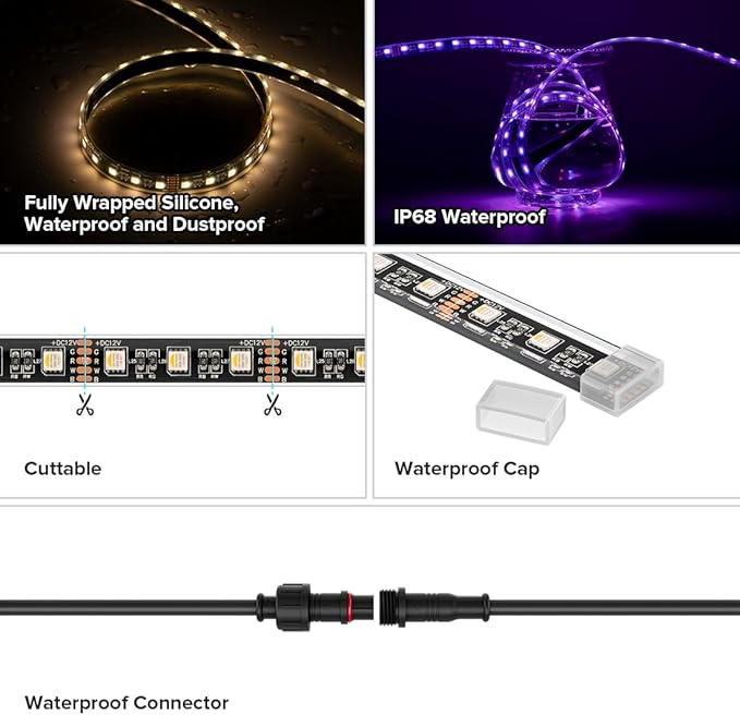 BTF-LIGHTING IP68 Waterproof Outdoor RGBW LED Strip 5050SMD RGB+Cool White(6000K-7000K) 4 Colors in 1 DC12V 5m 16.4ft 60LED/m Multi-Colored Tape Lights Can Work Outdoor(No Adapter or Controller)