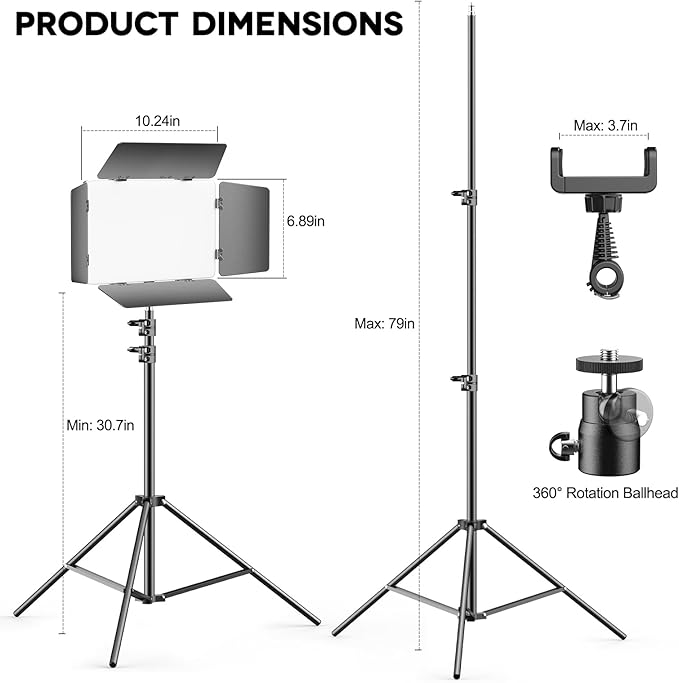2 Pack LED Video Light Kit 79'' Tripod Light Stand, 30W 3000Lux Photography Light with Barndoor, CRI 98+ 2500K-8500K Studio Lights Panel Podcast Lighting for Video Recording/Game Live Streaming