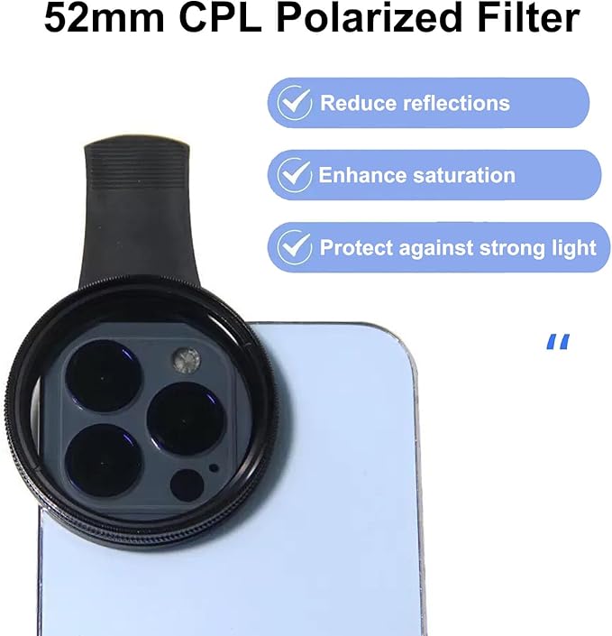 STARGAZ 52mm Clip-On CPL Phone Camera Filter, Circular Polarizer Filter with Upgraded Clip, Cpl Filter for iPhone 15 14 13 12 Pro Max, Samsung BLU Moto Google TCL Phone Xiaomi and Other Smart Phoness