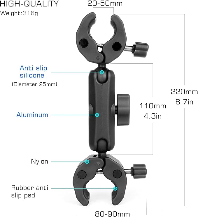 GEPULY Umbrella Clamp for Chair 5.5lb Load, 20-50mm Double Super Camera Mount, Aluminum Magic Arm Dual Ball Head Heavy Duty for Handlebar/Tripod/Stroller Wheelchair/Desk/Pole/Cross Bar/Motorcycle