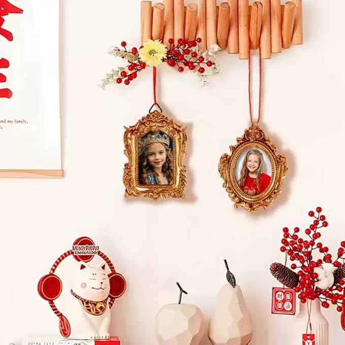 5 Pcs magnetic picture frames for refrigerator:Refrigerator Mini Frames Magnetic Vintage Picture Display with Back Small Antique Picture Frames with Hooks holders and Rope Refrigerator Magnets Photo Display Christmas Decor(Golden 5 Pcs )
