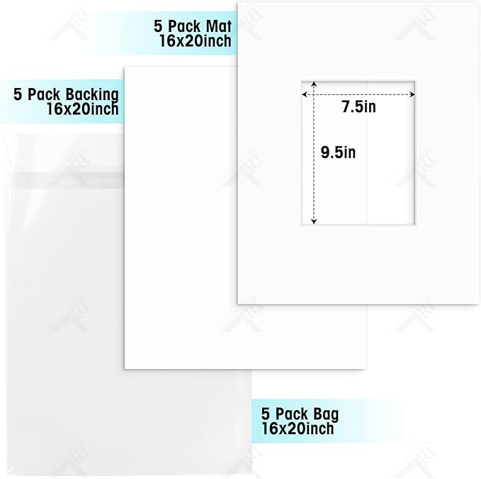 Golden State Art, Acid Free, Pack of 5, 16x20 White Picture Mats Mattes with White Core Bevel Cut for 8x10 Photo + Backing + Bags