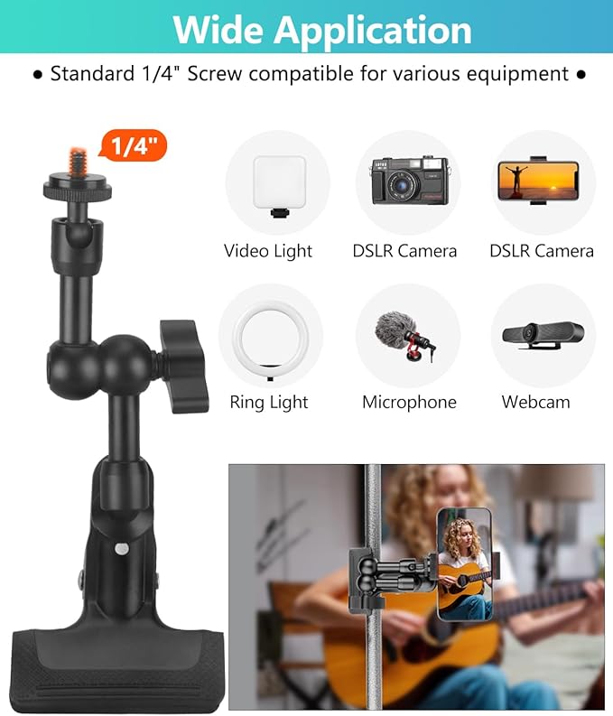 Super Clamp Camera Clamp Mount 5.5“ Magic Arm with 1/4" Thread, Articulating Friction Arm Tripod Camera Mount for DSLR Camera, Video Light