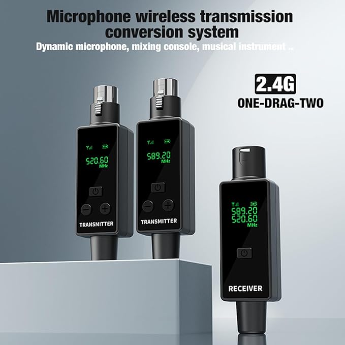 Diyeeni 2.4GHz Wireless XLR Microphone Transmitter Receiver, Plug and Play Wireless Mic Adapter with 24Bit 48kHz Audio Quality for Dynamic Condenser Mics Cameras PA Systems (1 for 2)