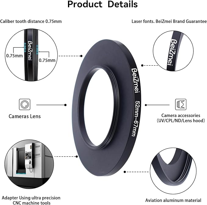 52mm to 67mm Camera Filters Ring,Filters Ring Compatiable All Brands Ø52mm Lens to Ø67mm UV ND CPL Camera Filter Accessory.Made of CNC.