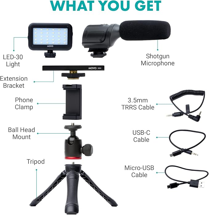 Movo uVlogger- Android/USB-C Compatible Vlogging Kit Smartphone Video Kit Accessories: Tripod, Mount, LED Light and Cellphone Shotgun Microphone for Video Recording for YouTube, Vlog