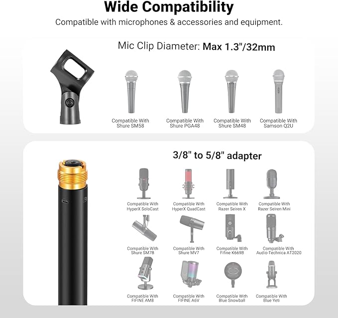 NEEWER Desk Microphone Stand, Adjustable Table Top Mic Holder Mount with Clip and 3/8" to 5/8" Adapter Compatible with Blue Yeti Snowball HyperX QuadCast SoloCast Shure, Max Load 3.3 lbs, MS015