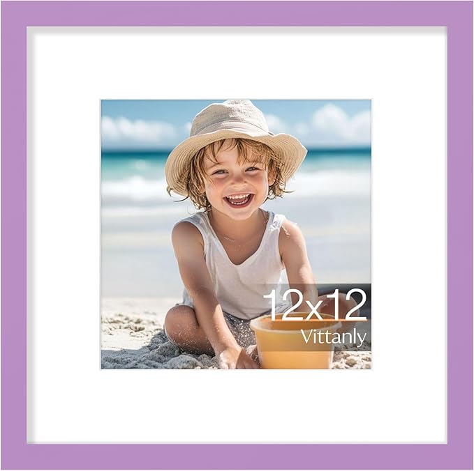 Vittanly 12x12 Picture Frame, Made of Solid Wood and Shatterproof Plexiglass, Display Pictures 8x8 with Mat or 12x12 without Mat, Wooden Photo Frame for Wall Mounting, Purple, 1 Pack
