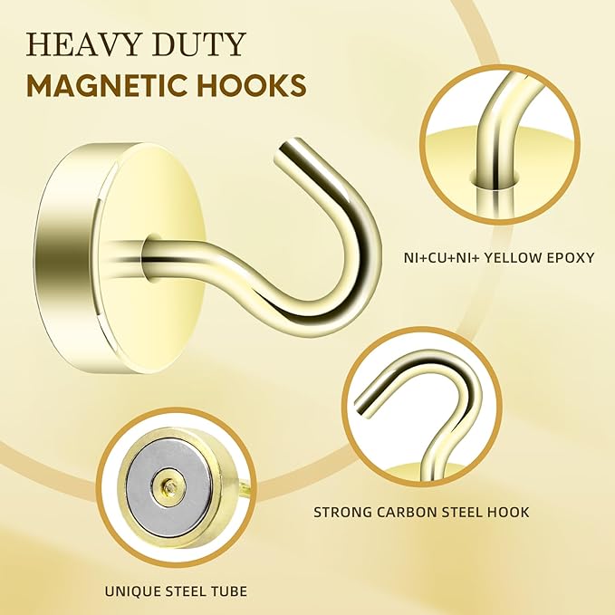 Neosmuk Magnetic Hooks, Cruise Ship Essentials, 40lb+ Heavy Duty Magnetic Hooks for Cruise Cabins, Refrigerator, Grill, Hanging, and Travel | Extra Strong Must-Haves Magnet Hook,Gold,Pack of 5