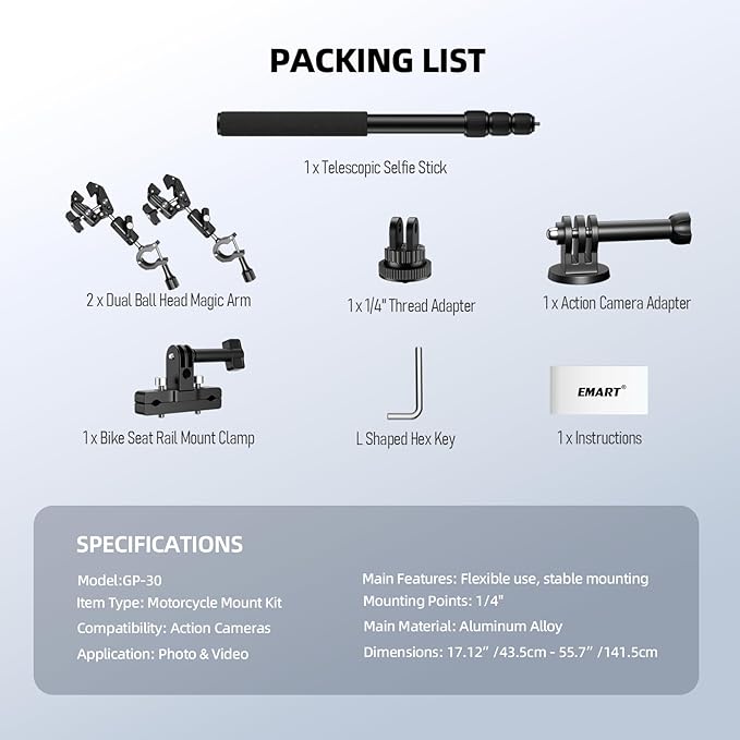 EMART Motorcycle Camera Mount Kit, Bicycle Handlebar Clamp Mount for Invisible Selfie Stick, Features Bike Seat Rail Clamp & Super Clamps - Compatible with Insta 360, gopro, DJI Nano Action Cameras