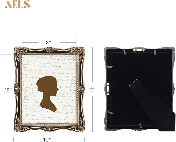 AELS 8x10 Inch Vintage Picture Frame, Elegant Antique Photo Frames with Glass Front, Photo Display, Tabletop Wall Hanging, Gift Ideas, Gold and Black