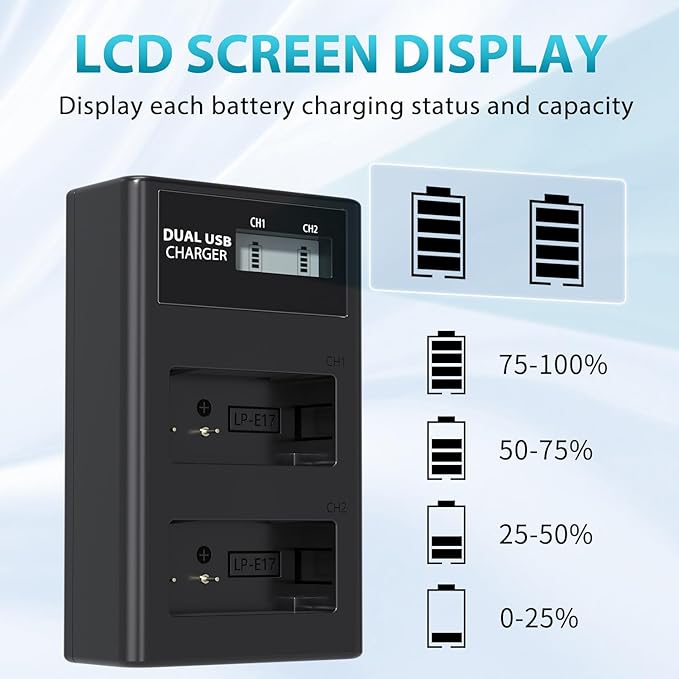 LP LP-E17 Battery Charger, LCD Display & USB-C Dual Slot Charger Compatible with Canon EOS Rebel T7i, T6i, T6s, SL3, SL2, 77D, 9000D, 8000D, 800D, 760D, 750D, 200D, M6, M5, M3, Kiss X8i DSLR Cameras