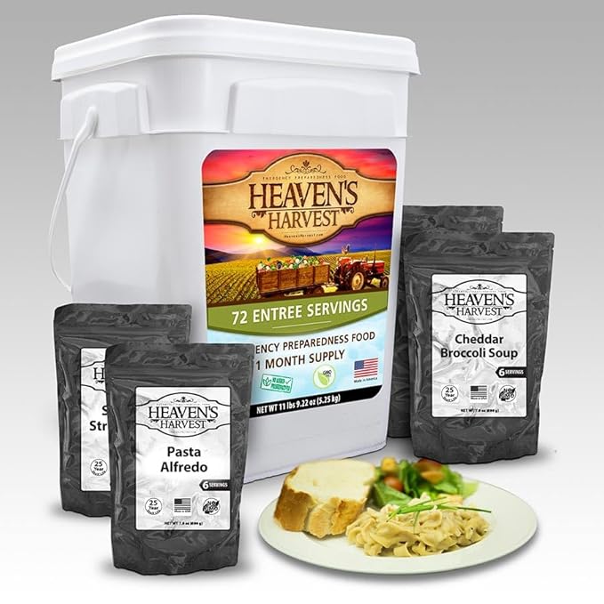 Heaven’s Harvest Emergency Food Combo Kit (One Month Supply for one person) — Emergency Food Supply. Freeze Dried Survival Food Kit with Portable Waterproof 25-Year Storage Bucket. (308 Servings)