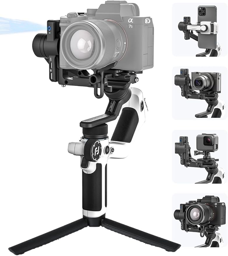 FeiyuTech SCORP Mini 2 [White] All-in-One 3-Axis Mirorrless Gimbal Camera Stabilizer for Sony A7III Canon R6 Nikon Z30 Fujifilm GoPro11/12 iPhone 16 15 14,Samsung, AI Tracker,Max 2.65lb