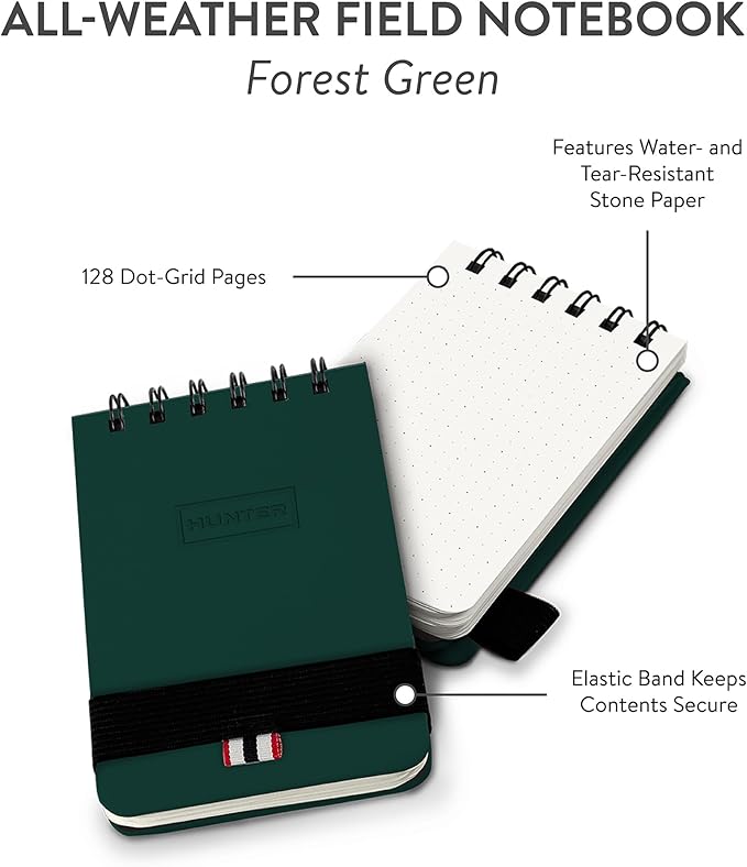 Hunter - All Weather Field Book, 5.75” X 3.6” 128 Pg Outdoor Notebook With Elastic Band to Protect Notes, Pocket Journal With Dot Grid Stone Paper for Surveying, Water & Tear Resistant, Forest Green