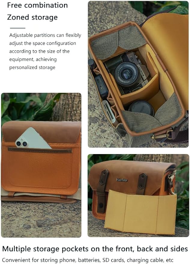 VueFoto Camera Messenger Bag,Vintage Leather Flip-top Waterproof Camera Bag,Compatible with Canon,Nikon,Sony SLR/DSLR Mirrorless Cameras For Women and Men (Orange, Small)
