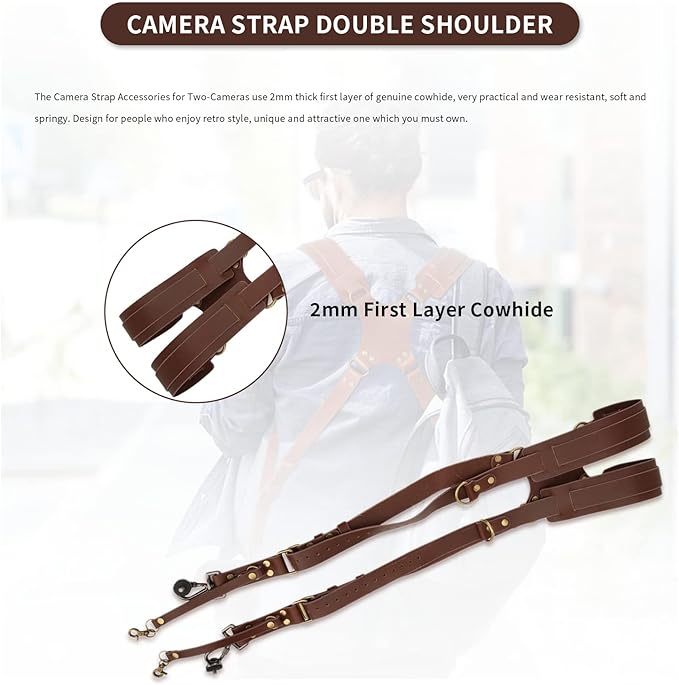 Gugxiom Double Camera Strap,Camera Shoulder Strap for Two Cameras,Adjustable Leather Double Camera Harness Brown