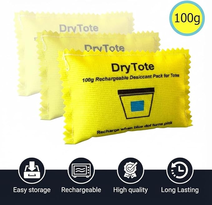 DryTote Rechargeable Desiccant Pack (Pack of 5), Ultimate Moisture Absorption, Color Change Indicator, Safe Storage Protection, Large Capacity 200 Gallons, 100g, Yellow