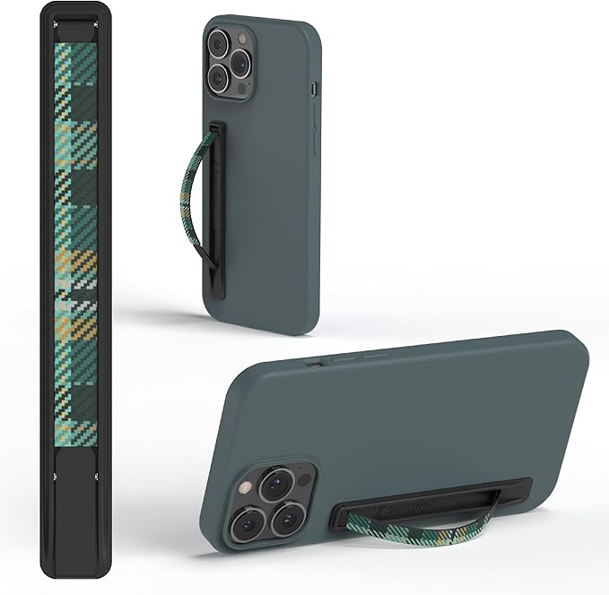 SleekStrip SleekGrip-Essential Ultra Thin Phone Grip Stand,Slim Metal Finger Loop Ring Hand Holder Strap Cell Phone Grips for iPhone 16 Pro Max,17 Air,Android,Case Back - Black x Green Tartan