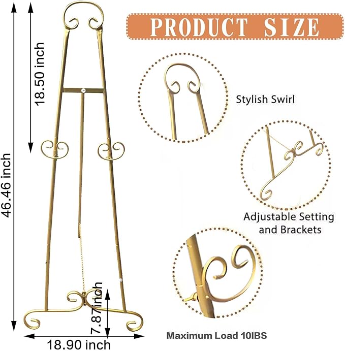 46" H Adjustable Metal Display Easel - Vintage Gold Scroll Design, Rust-Proof Metal Stand for Showcasing Pictures, Artlork, Picture Frame and Wedding Signs