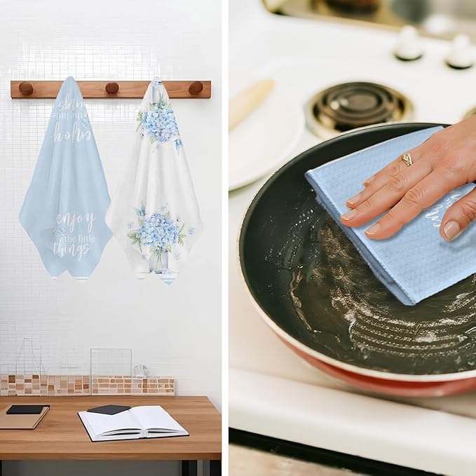 2Pcs Hydrangea Bouquet Kitchen Towels, 24x14 Inch Spring Butterfly Waffle Hand Towels for Kitchen Farmhouse Decor, Absorbent Durable Microfiber Dish Cloth Tea Towel, Home Gifts for Women Mom