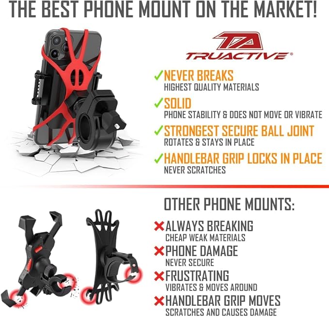 TruActive Premium Bike Phone Mount Holder for Kids and Teens | Universal Cell Phone Mount for 4"-7" Phones | Includes 6 Reusable Color Bands | Tool-Free Handlebar Mount Install for Boys & Girls Bikes