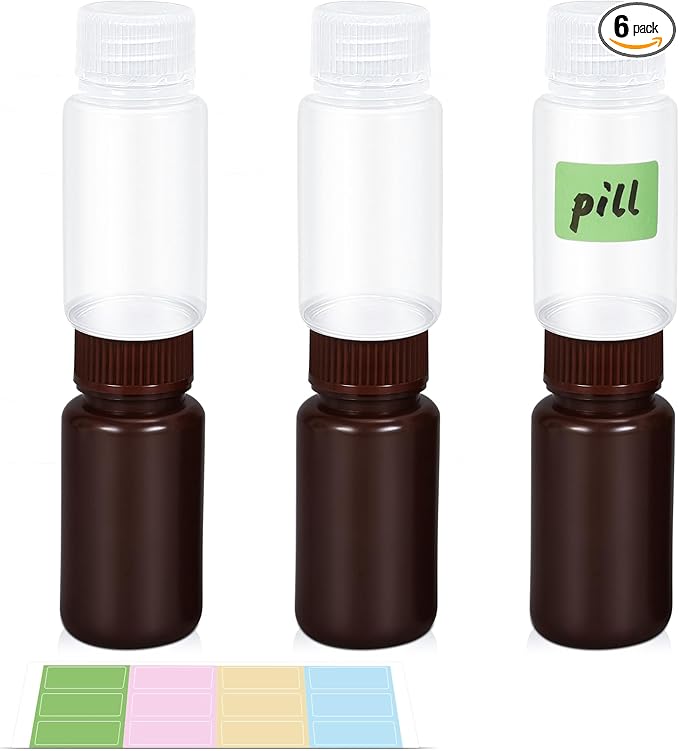 UMETASS Small Pill Bottle, Empty Medicine Bottles with Screw Caps for Pills Capsules Vitamins, Food Grade Plastic Medicine Containers with Labels for Travel (Clear&Brown, 2oz/60ml, 6 Pcs)