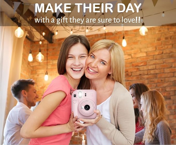 Fujifilm Instax MiniI 12 Instant Film Camera Blossom Pink, Fujifilm Instax Mini Twin Pack Instant Film 20 Prints, Prtotective Case, Gift Bundle