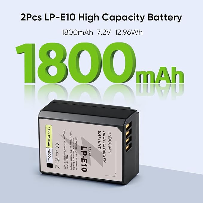 2Pcs LP-E10 Battery, 1800mAh Battery for Canon EOS Rebel T3 T5 T6 T7, Kiss X50 X70 T100, EOS 1100D 1200D 1300D 1500D 2000D 3000D 4000D Digital Cameras