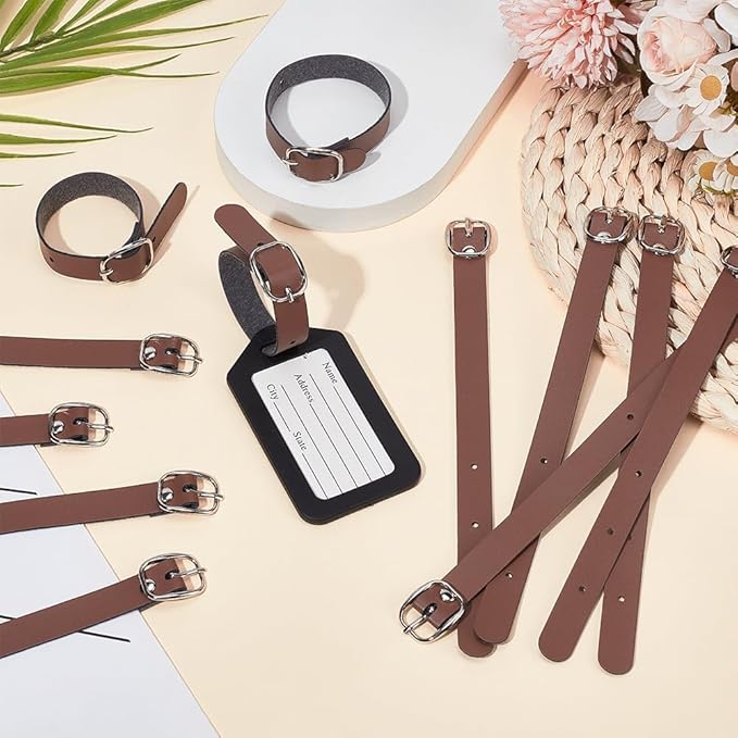 FINGERINSPIRE 12 pcs PU Leather Luggage Tag Straps 7.87" Saddle Brown Leather Luggage Tag Loops with Alloy Buckle Name Strap Tag Holder for Suitcases Briefcase Backpacks Travel Hanging Accessories