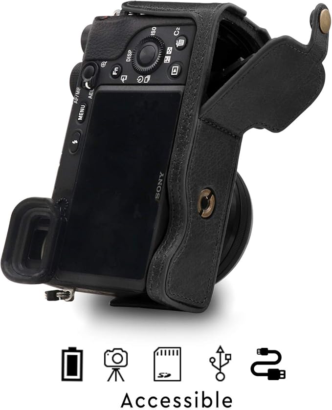 MegaGear MG1641 Ever Ready Genuine Leather Camera Half Case compatible with Sony Alpha A6100, A6400 - Black