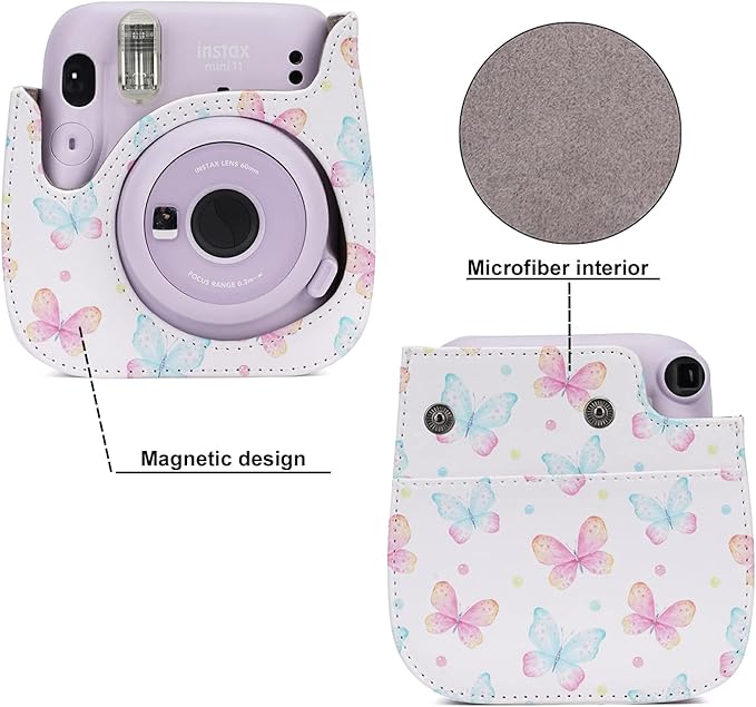 Frankmate Instant Camera Case Compatible with Fujifilm Instax Mini 11/9/8/8+ PU Leather Bag with Pocket and Adjustable Shoulder Strap Mini Photo Album (Pink Butterfly)