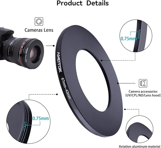 67mm Lens to 43mm Camera Lens Adapter,67mm to 43mm Filter Step-Down Ring Adapter Ring,Compatible All 43mm Filter Accessory