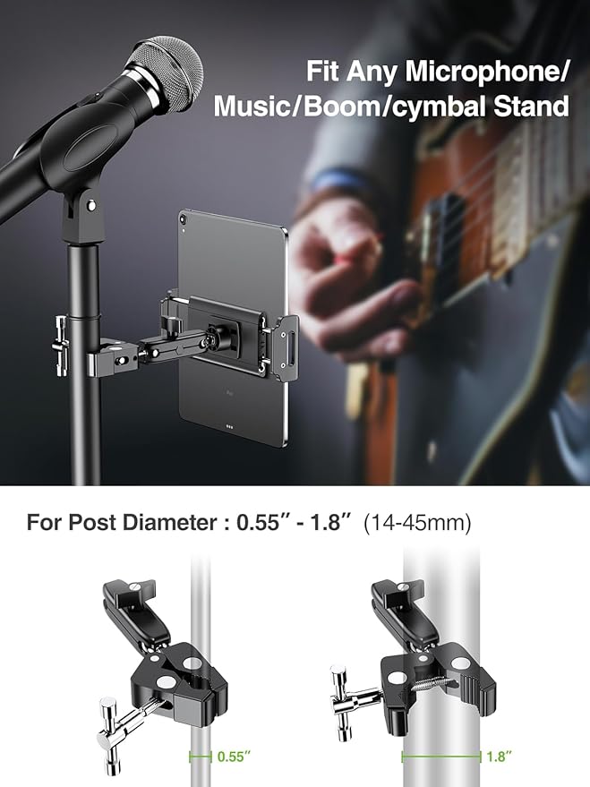 elitehood Aluminum Dual Ball Head Tablet Holder for Mic Stand, Adjustable iPad Mic Stand Holder, Side Mount Microphone Music Stand Phone Holder Mount for iPad, iPhone,4, 7-12.9in Tablets